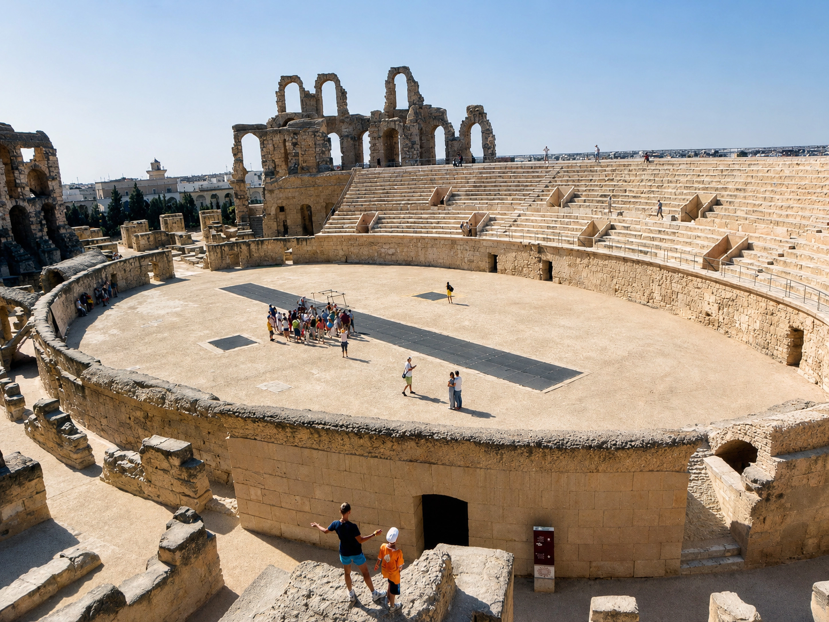 Panorama areny amfiteatru w El Jem w Tunezji widziana z górnych poziomów