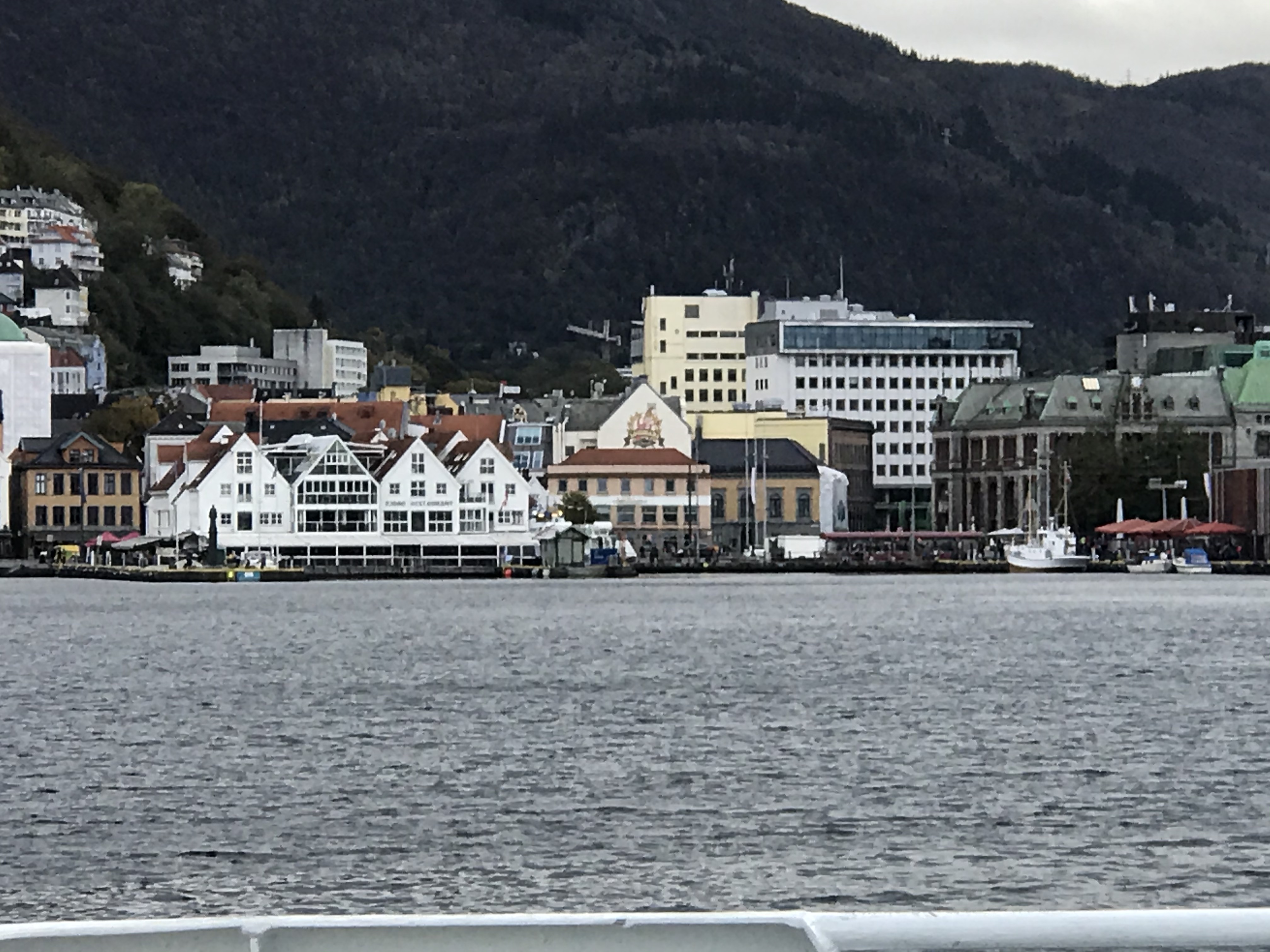 Zabudowa Bergen nad wodą Zabudowa Bergen widziana z wody, z górami w tle