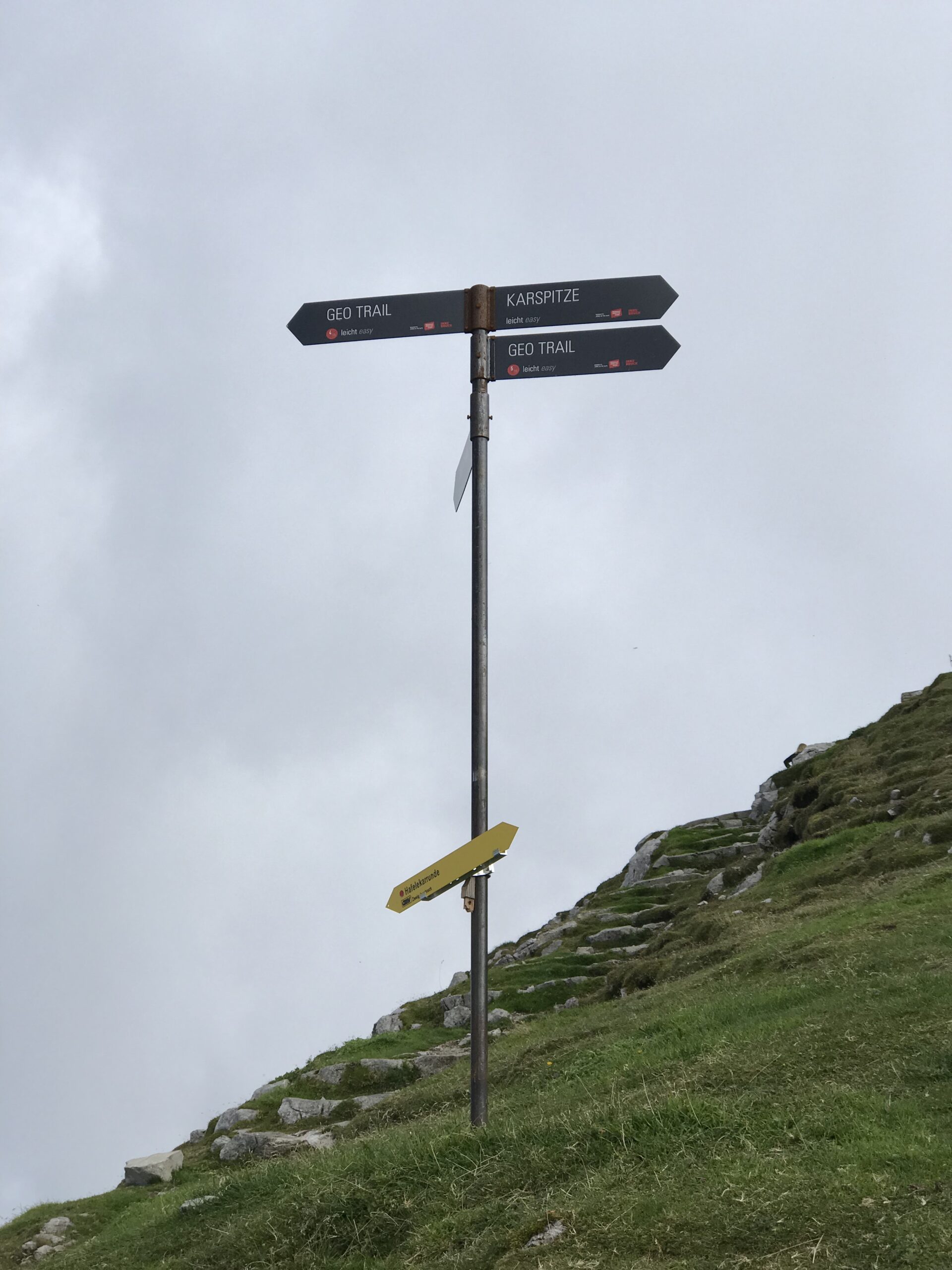 Drogowskaz Geo Trail na Nordkette Drogowskaz Geo Trail i Karspitze na górskiej ścieżce Nordkette nad Innsbruckiem