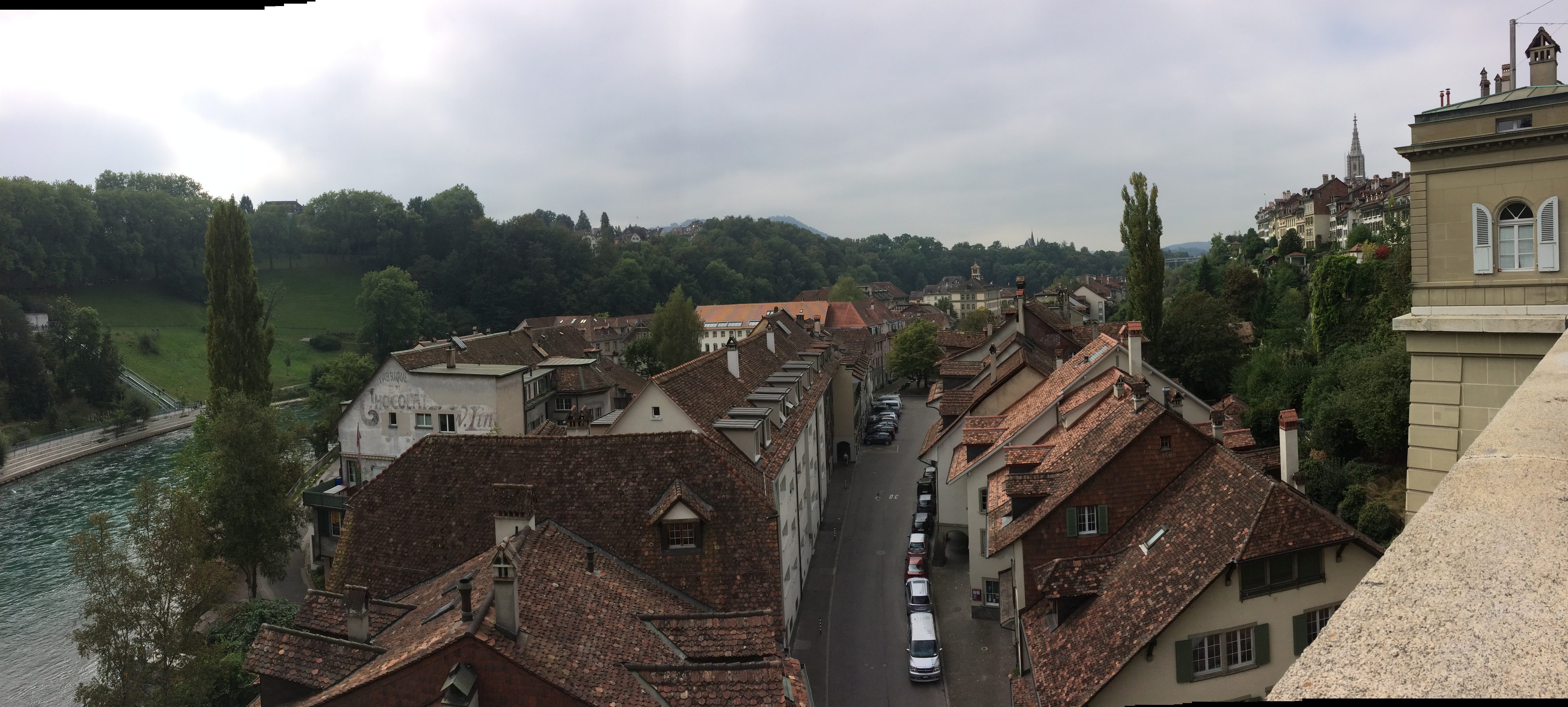 Panorama starego miasta w Bernie z czerwonymi dachami, ulicą, zielenią i rzeką Aare widoczną z punktu widokowego.