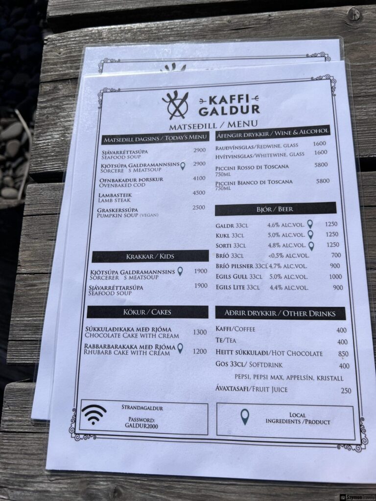 Menu z restauracji Kaffi Galdur, Islandia