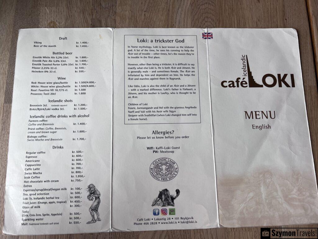 Menu Cafe Loki Reykjavík, Islandia Menu Cafe Loki Reykjavík, Islandia