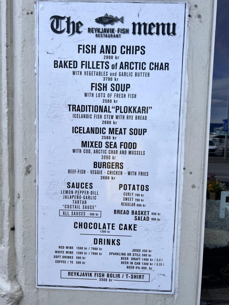 Menu z restauracji Reykjavik Fish, Islandia