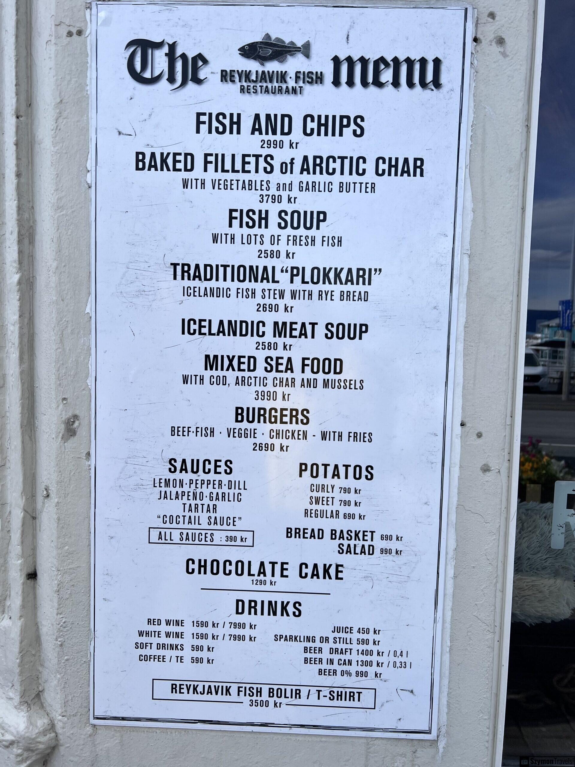 Menu z restauracji Reykjavik Fish, Islandia