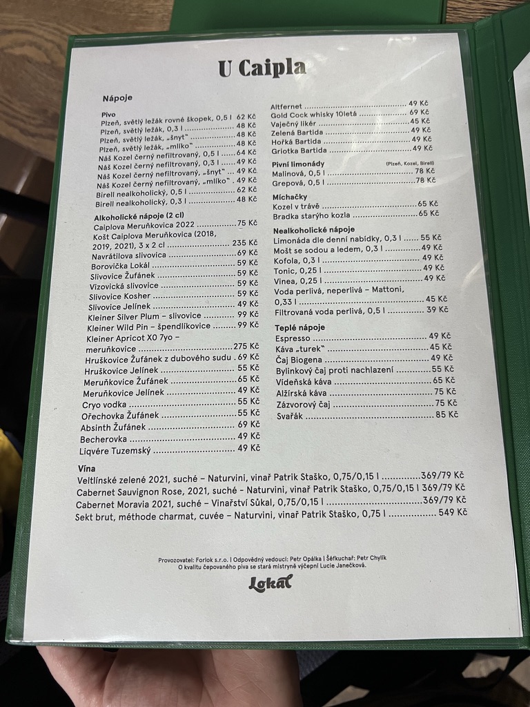 Menu w Lokál U Caipla, Brno, Czechy Menu w Lokál U Caipla, Brno, Czechy