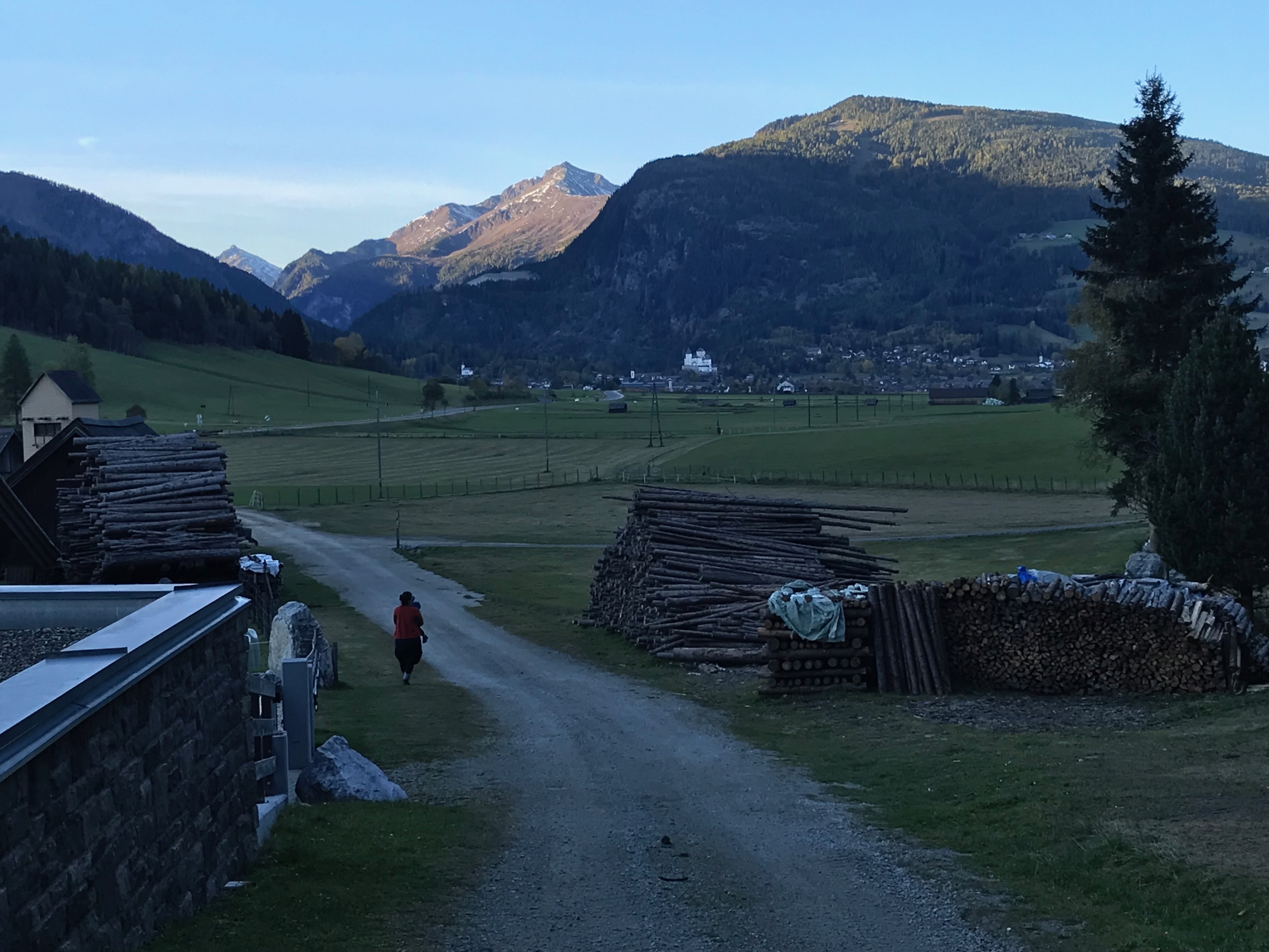 Widok z Gut Neusess na dolinę Lungau, łąki, stosy drewna i góry wokół Mauterndorf