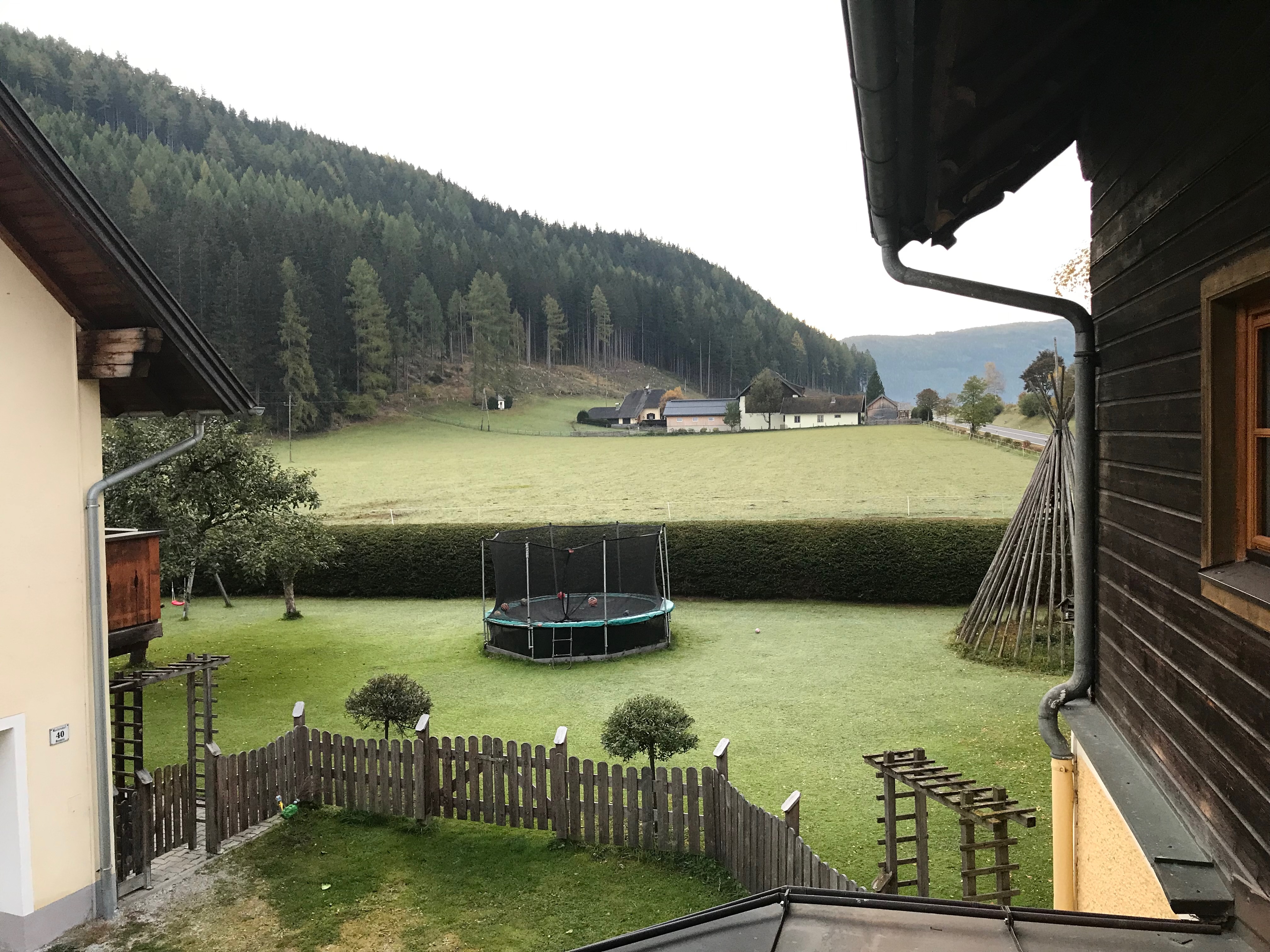 Widok z apartamentu Gut Neusess na ogród, trampolinę, łąki i zalesione zbocza Lungau