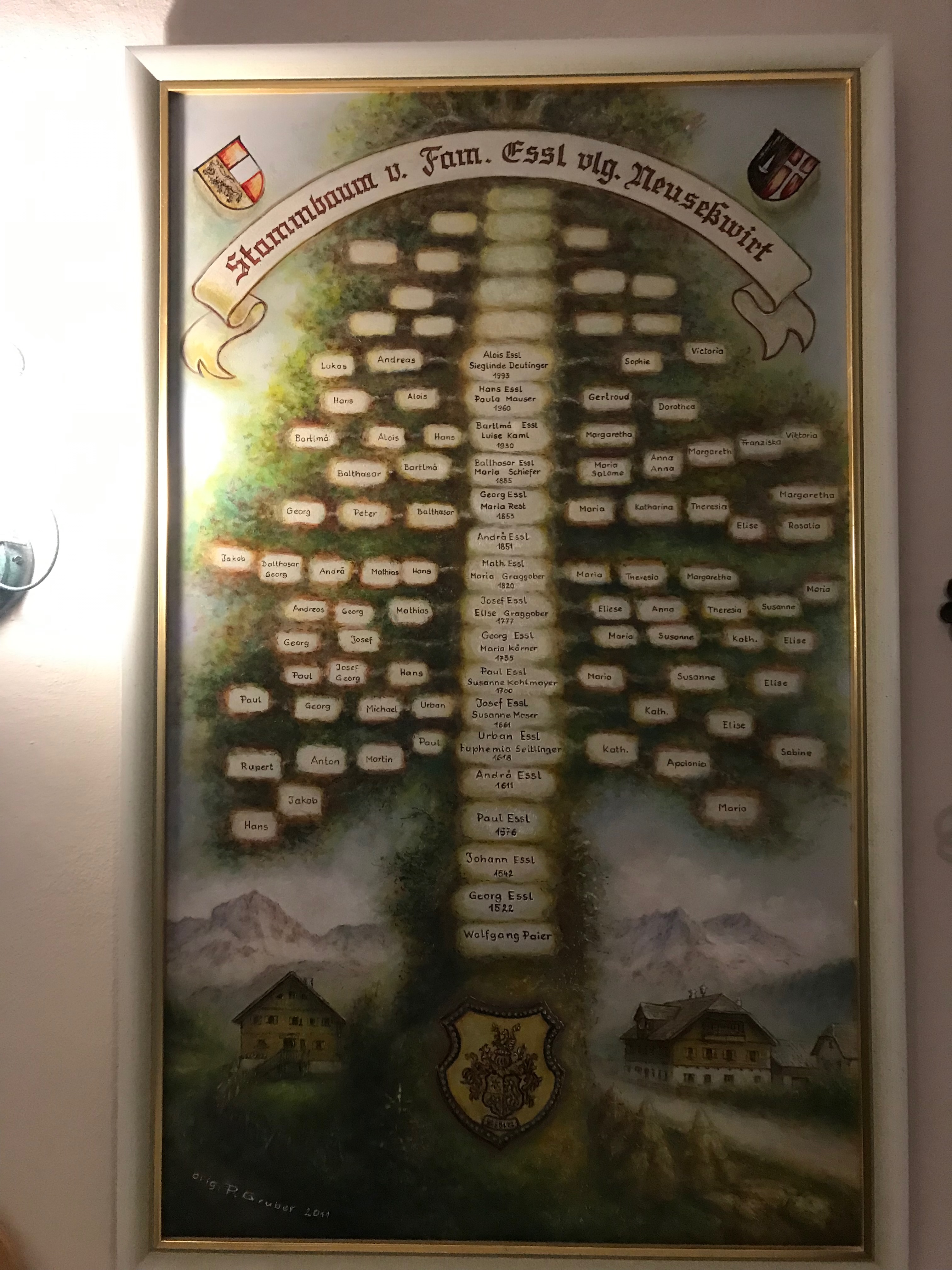 Drzewo genealogiczne rodziny Essl w Gut Neusess w Mauterndorf, wskazujące historię gospodarstwa od 1522 roku