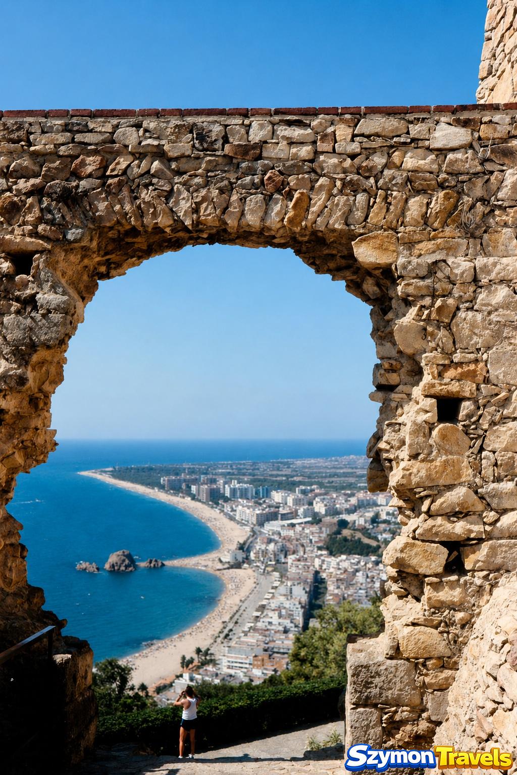 Widok przez kamienny łuk Castell de Sant Joan w Blanes na port, plażę i skałę Sa Palomera