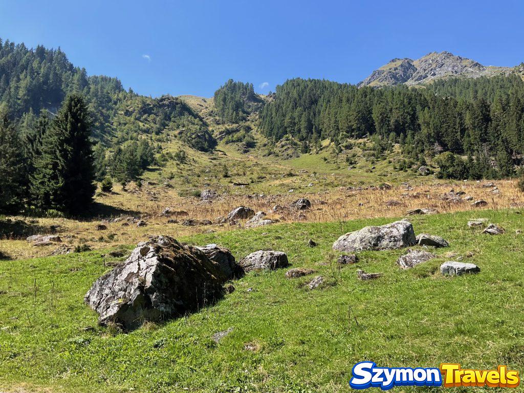 Alpejskie łąki, skały i lasy w drodze do Grande Dixence