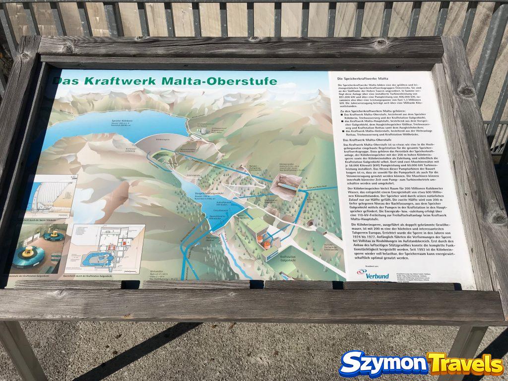Malta Oberstufe – tablica informacyjna przy zaporze Tablica informacyjna Das Kraftwerk Malta-Oberstufe przy Kölnbrein Dam