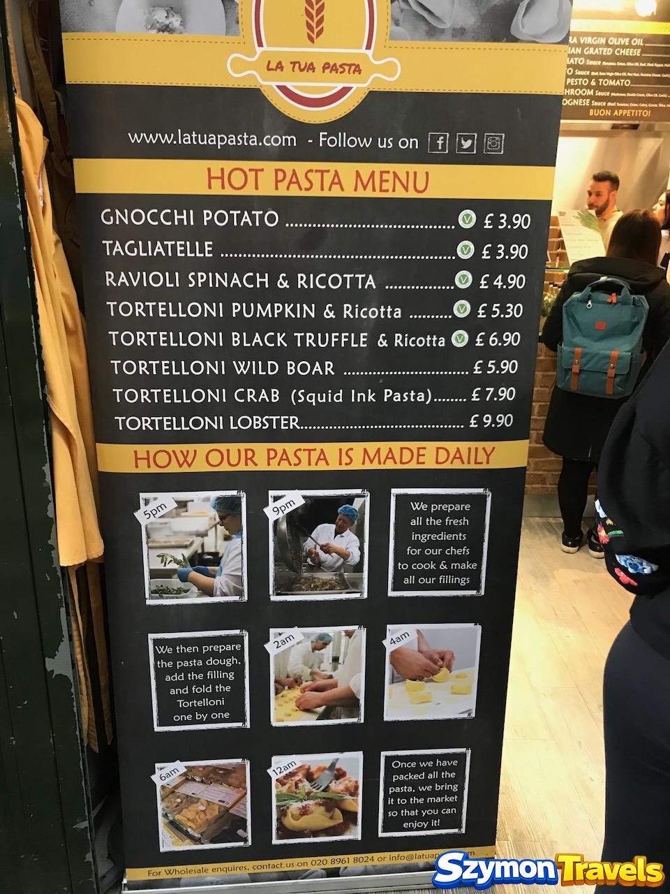 Menu La Tua Pasta na Borough Market z gnocchi, tagliatelle, ravioli i tortelloni
