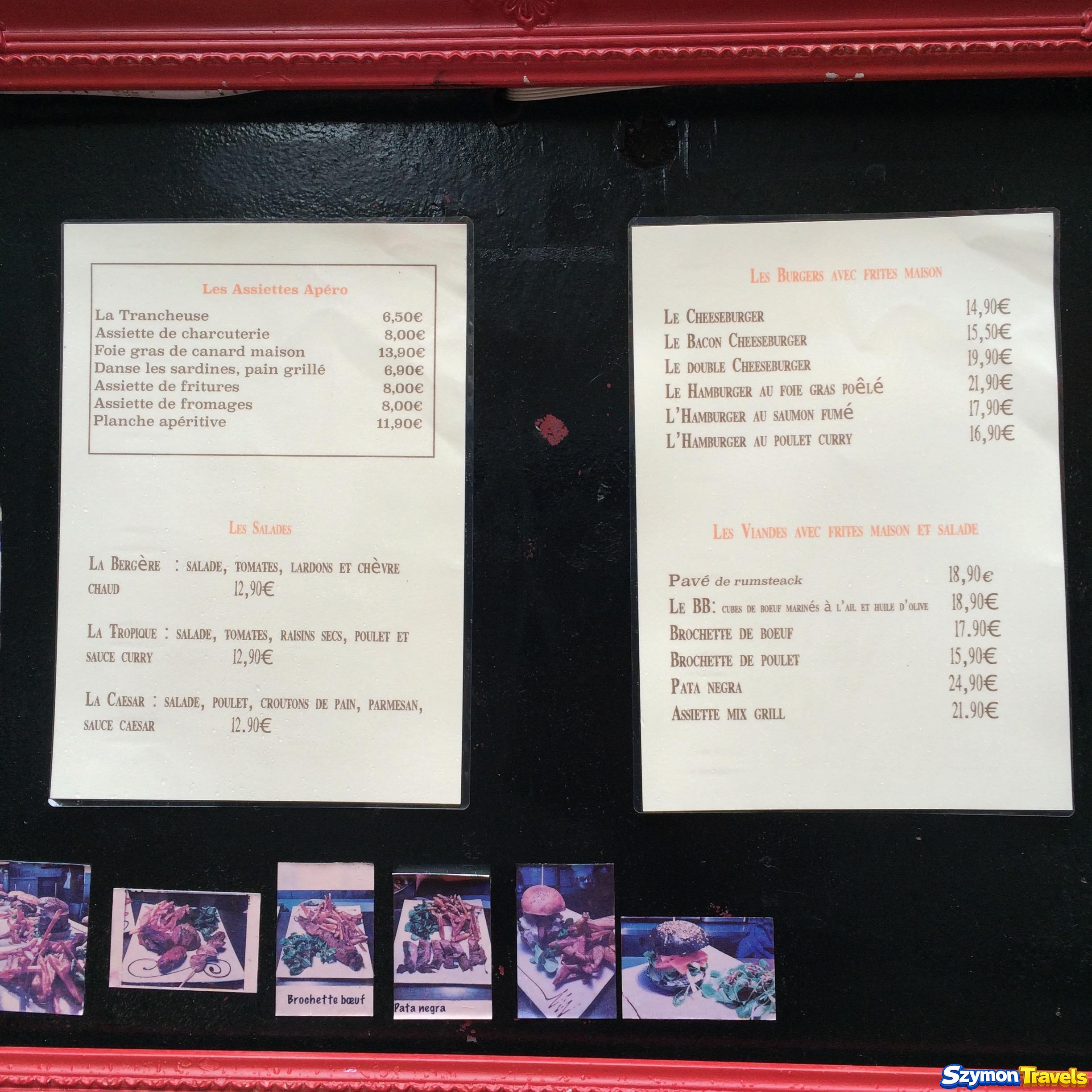 Menu restauracji z burgerami i daniami mięsnymi w Saint-Malo