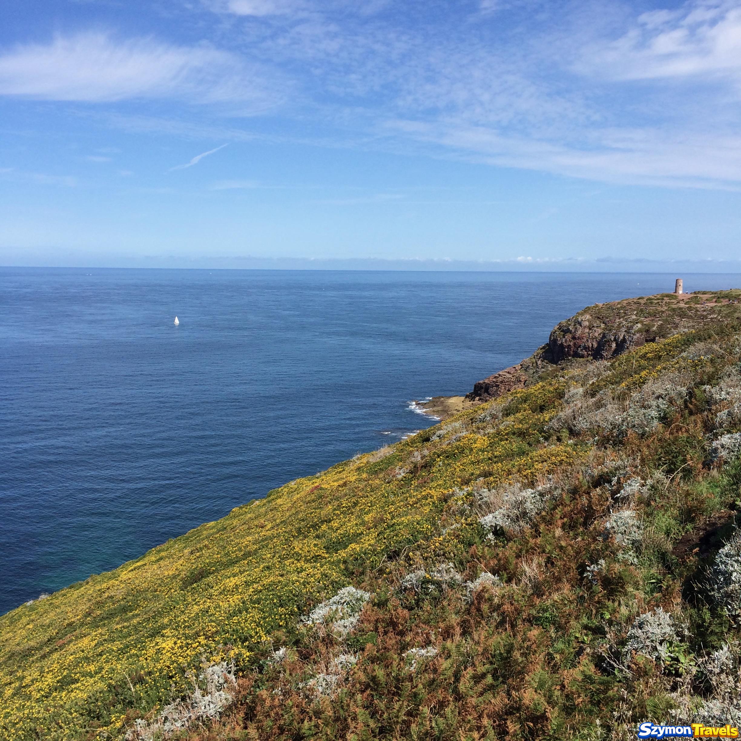 Kwitnące zbocza i morze na Cap Fréhel w Bretanii