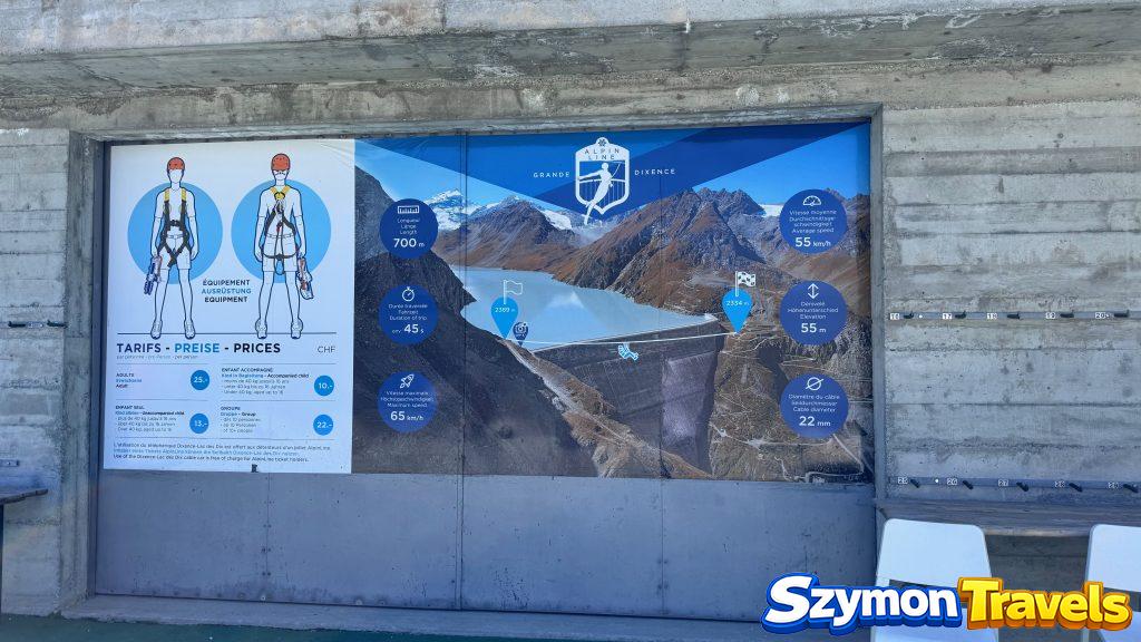 Tablica AlpinLine przy Grande Dixence z cenami i informacjami o tyrolce