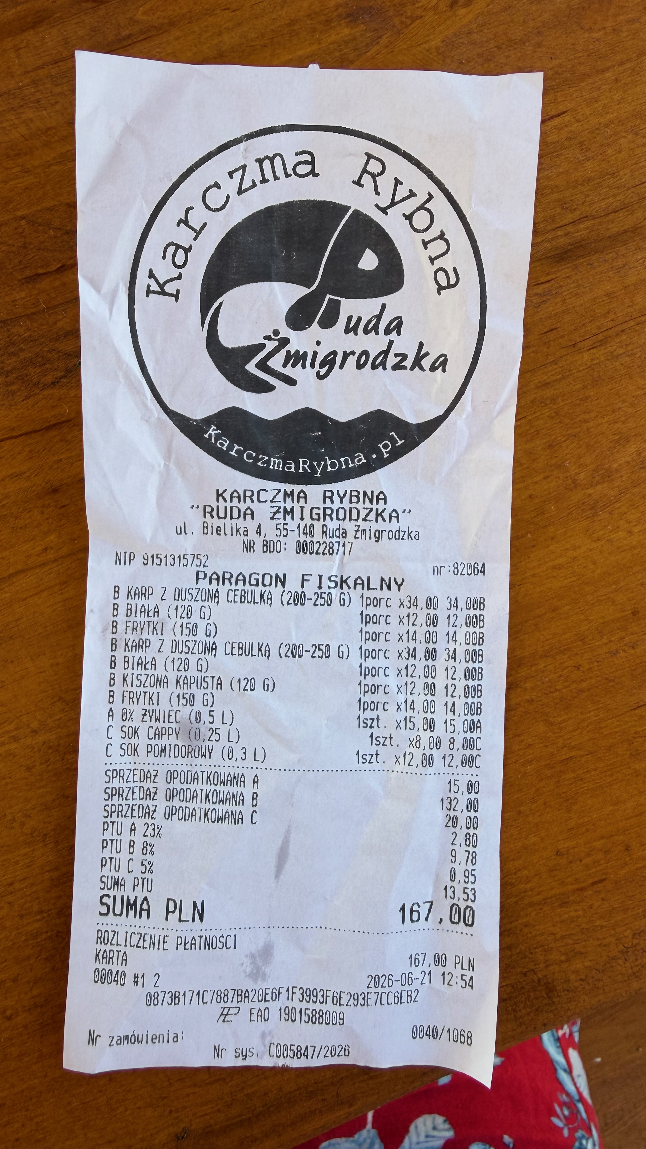 Paragon z Karczmy Rybnej w Rudzie Żmigrodzkiej na kwotę 167 zł