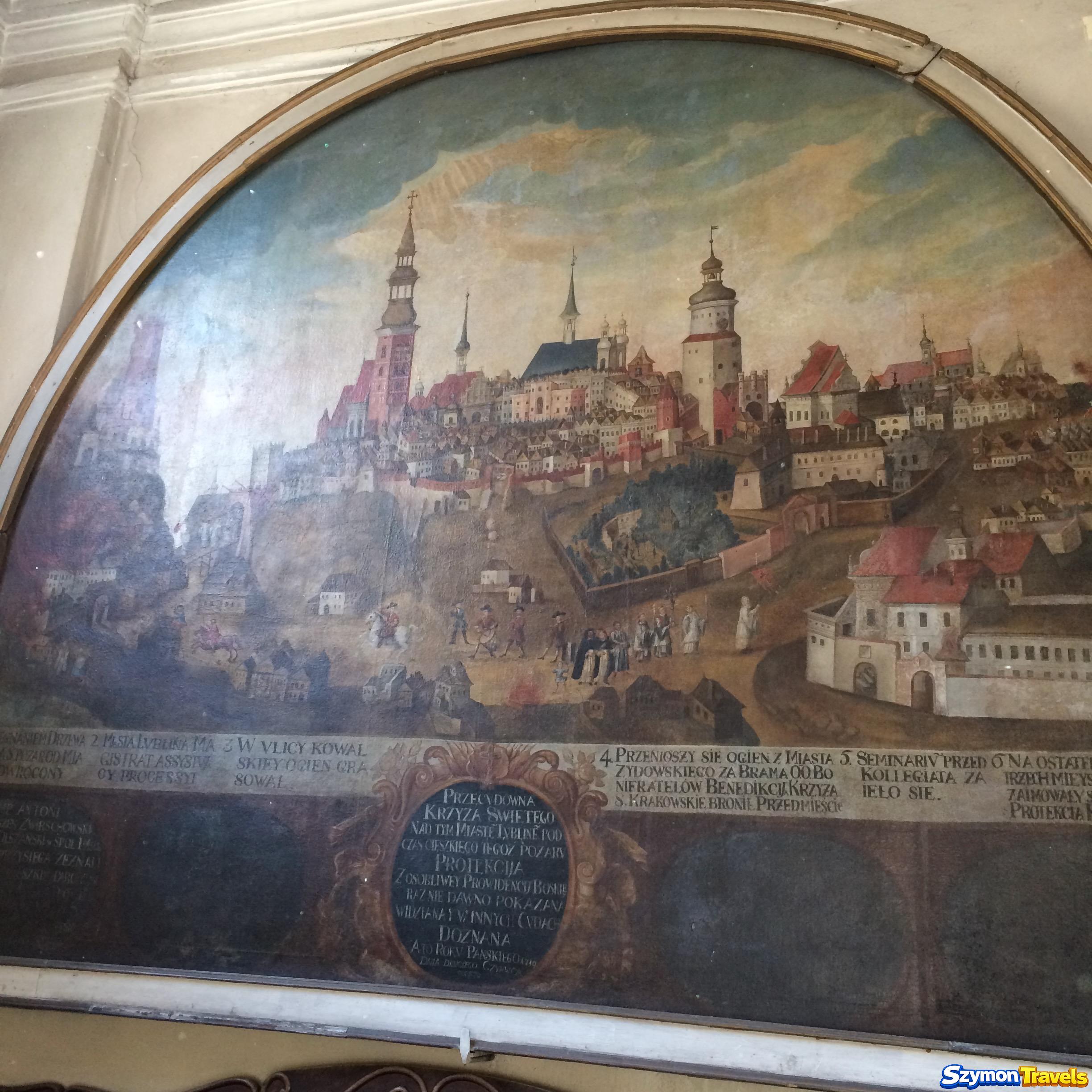 Obraz Pożar miasta Lublina w Bazylice Dominikanów przedstawiający dawną panoramę miasta i procesję