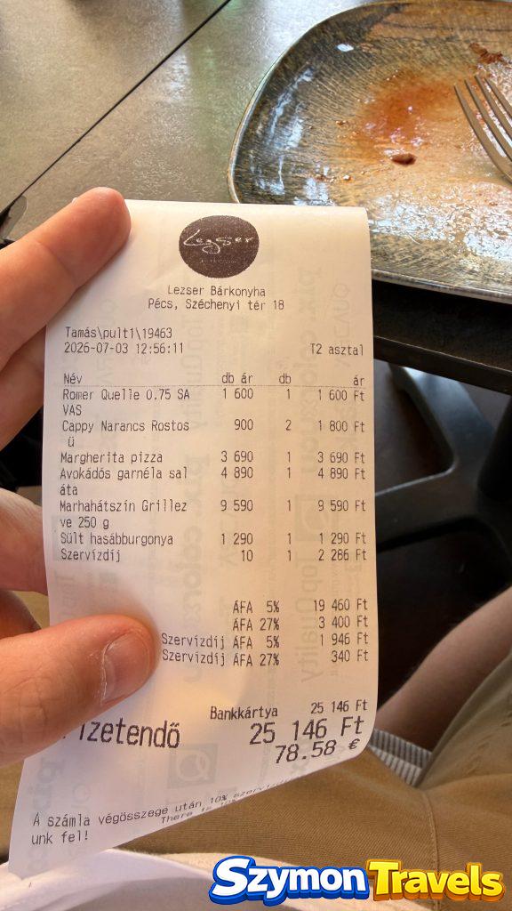 Paragon z restauracji Lezser Bárkonyha w Pécsu z rachunkiem 25 146 HUF