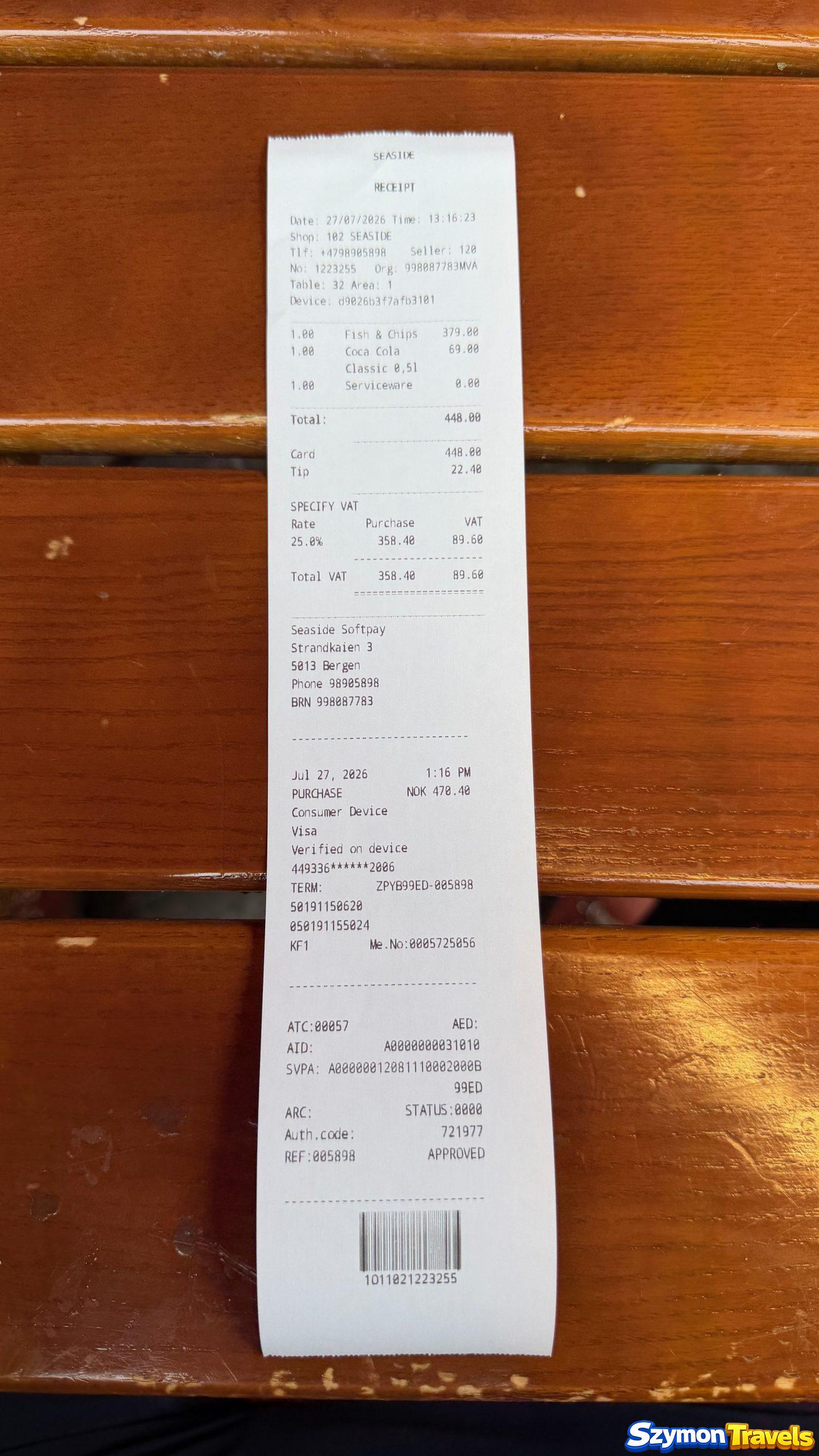 Paragon za fish and chips w Bergen – ceny 2026 Paragon za fish and chips 379 NOK (około 149 PLN) i Coca-Colę 69 NOK (około 27 PLN) w Bergen, razem 448 NOK (około 176 PLN)